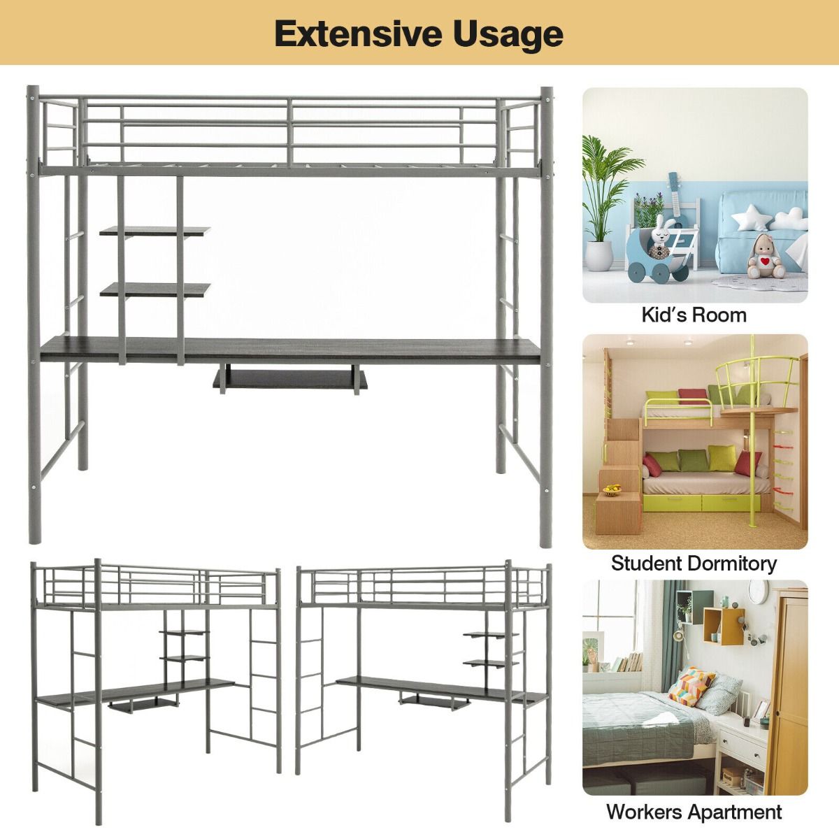 Metal Bunk Bed Frame High Sleeper with Desk and Storage Shelves Silver